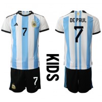Koszulka piłkarska Argentyna Rodrigo de Paul #7 Strój Domowy dla dzieci MŚ 2022 tanio Krótki Rękaw (+ Krótkie spodenki)